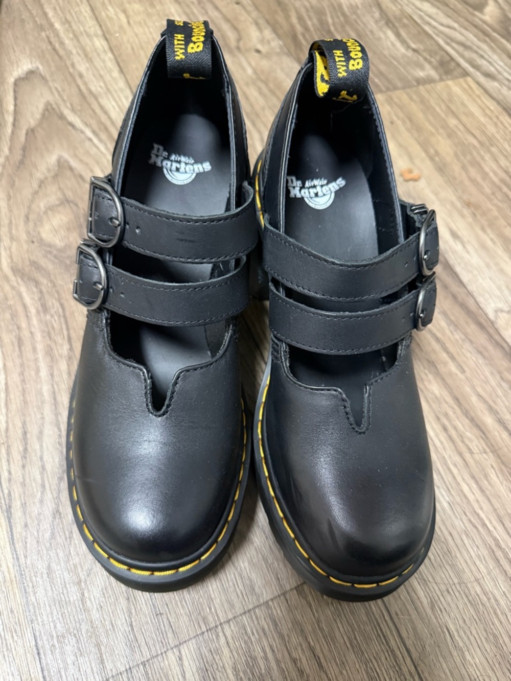 Dr. Martens Black Double-Strap Eviee Sendal Leather Mary Jane Platform Heels